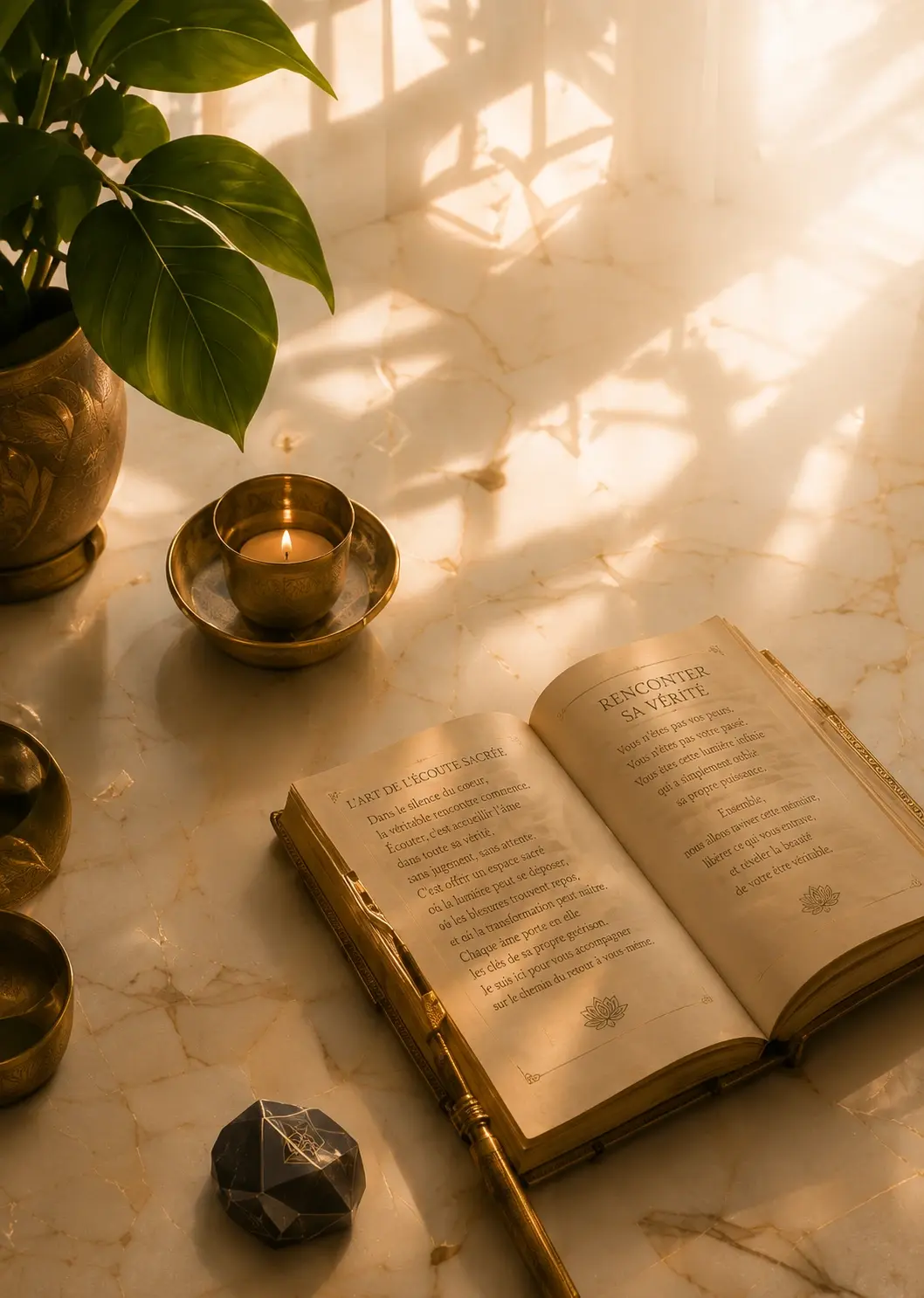 Livre ouvert, bougie et cristal dans une atmosphère lumineuse