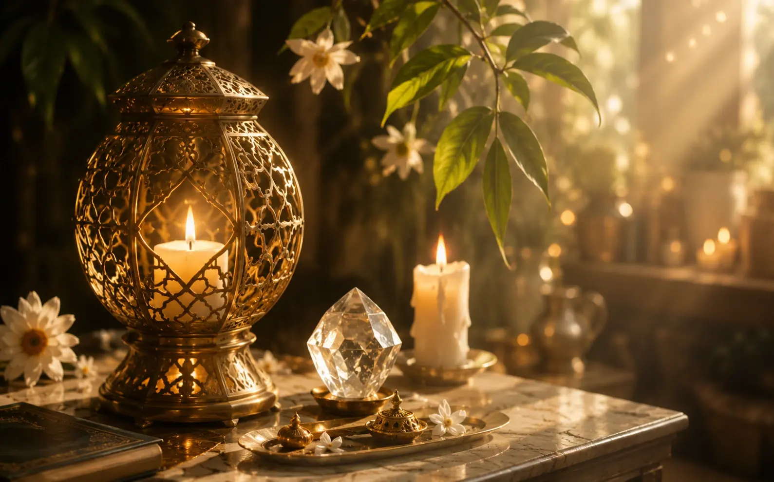 Lanterne dorée, bougies et cristal dans une atmosphère paisible