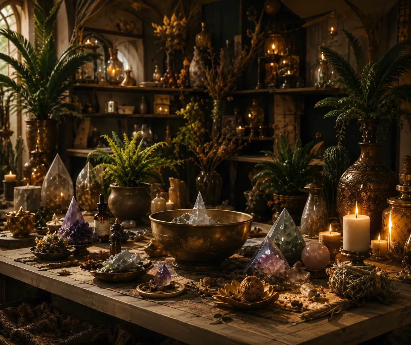 Atelier chaleureux rempli de créations, de plantes et de bougies