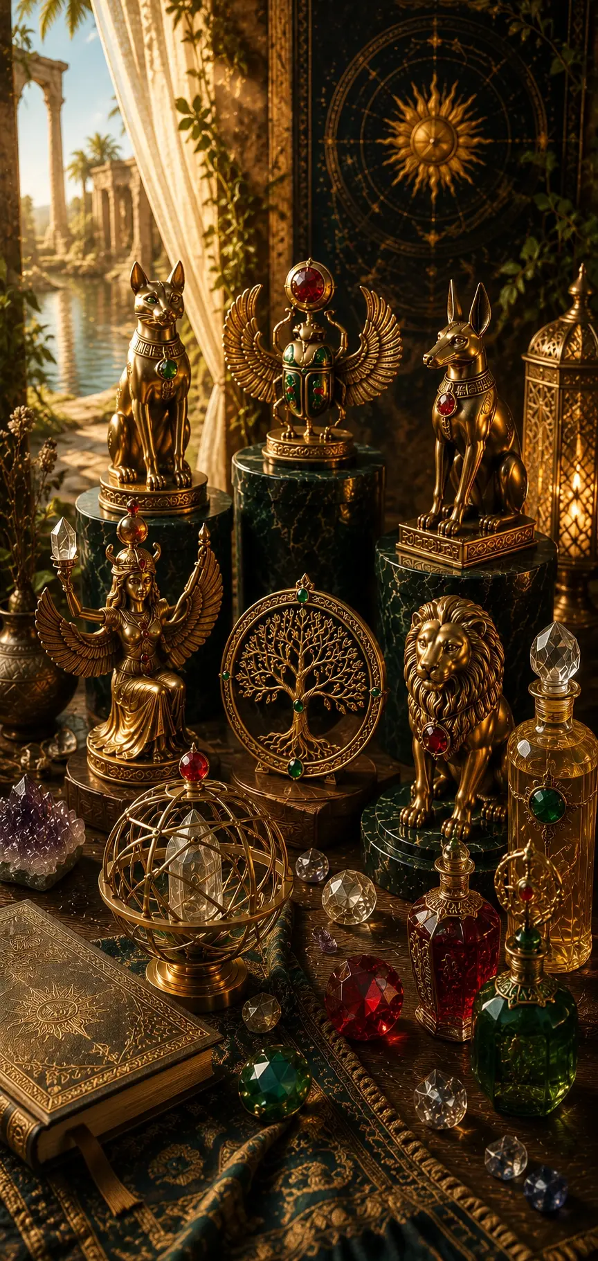 Collection de bijoux dorés et de pierres précieuses symbolisant la protection