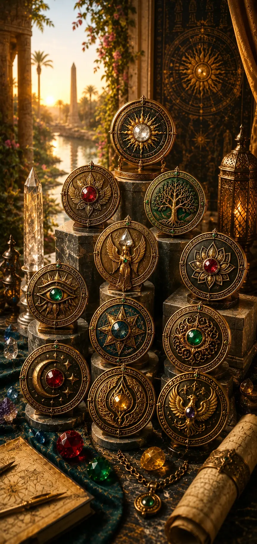 Collection de sceaux et de talismans dorés inspirés de la lumière