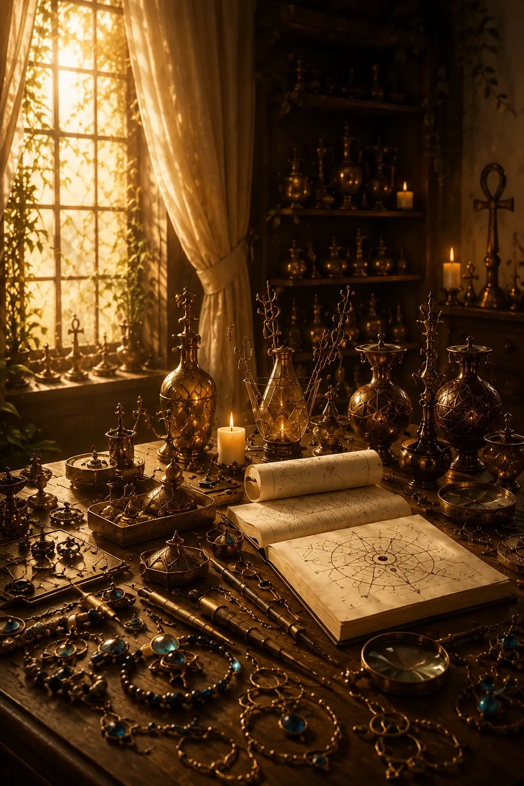 Atelier de créations sacrées rempli de bijoux, talismans et objets artisanaux