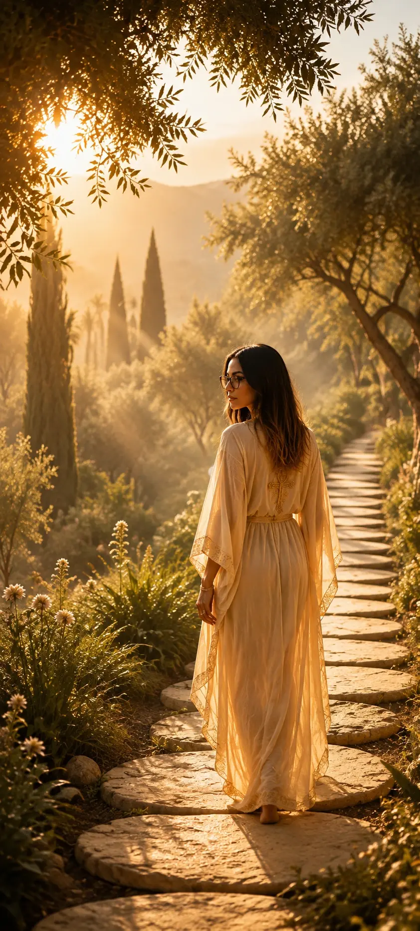 Femme avançant dans un jardin sacré baigné de lumière