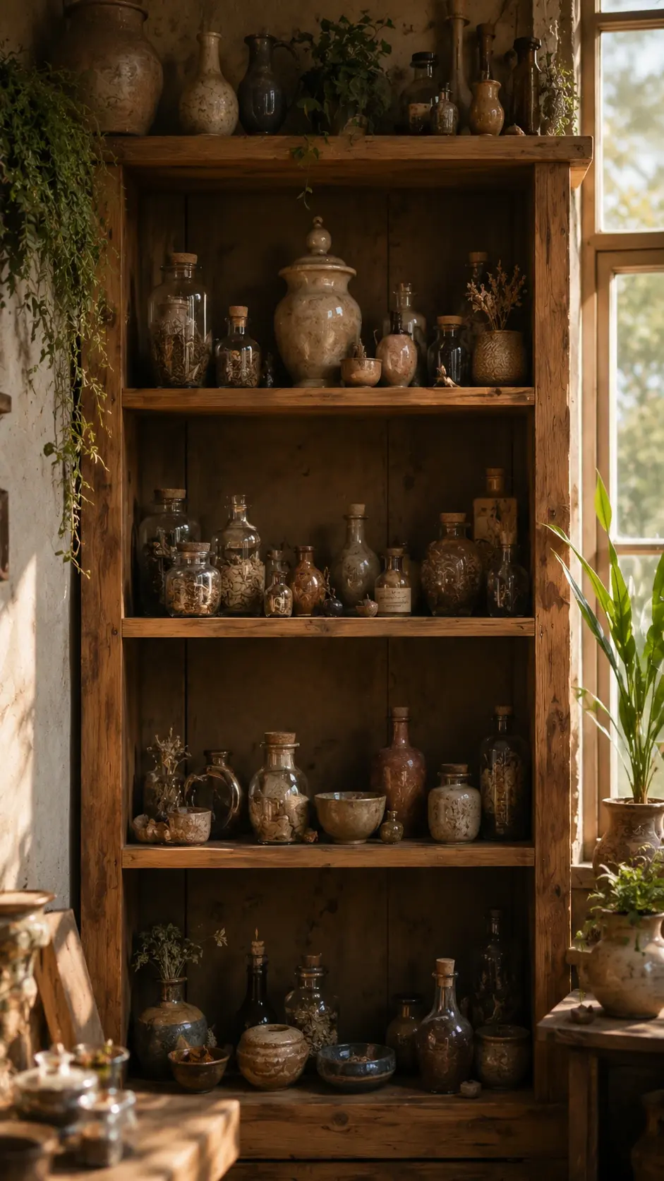 Étagères de pierres, élixirs et objets sacrés
